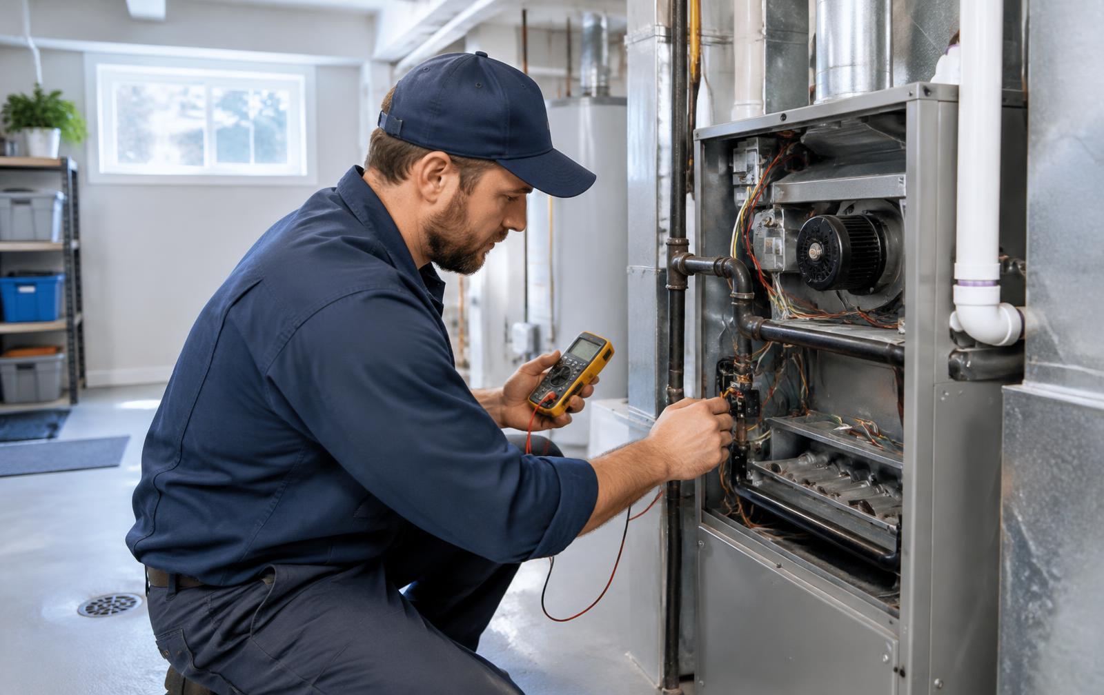 Technician testing a residential furnace